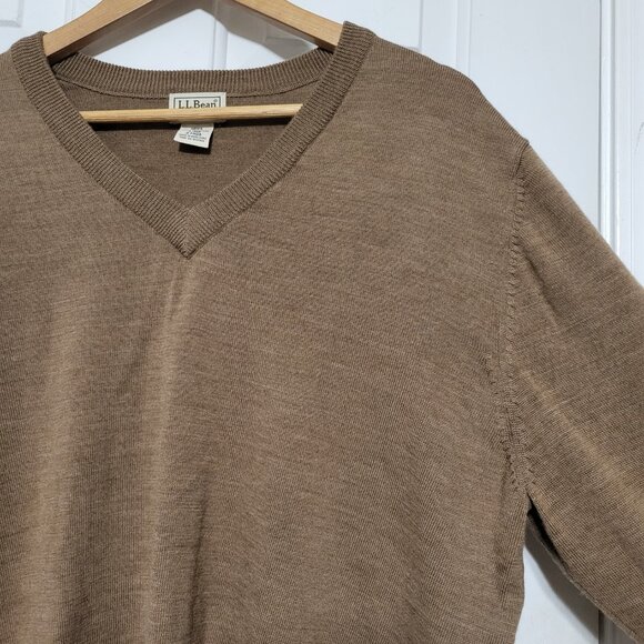 L.L. Bean Tan Brown V-Neck Merino Wool Sweater - Picture 7 of 12